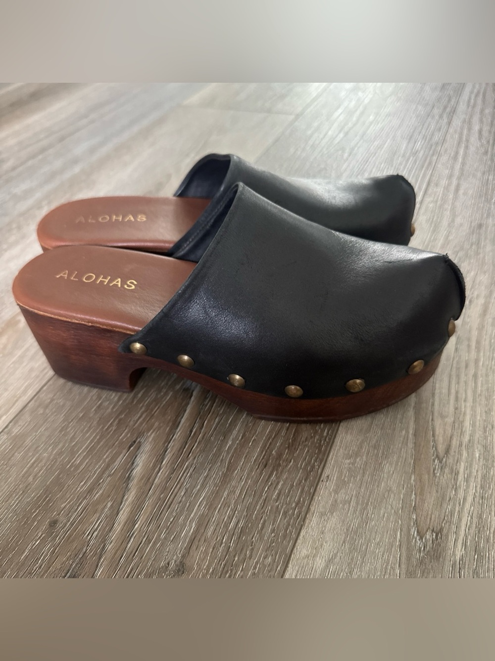 Alohas Womens Harley Studded Leather Wooden Platform Clogs Black Brown Size 38 - Picture 2 of 7